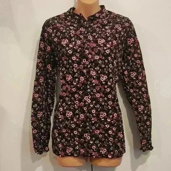 Lands End Micro Corduroy 1/4 Button Multicolor Floral Long Sleeve Blouse Top - Picture 2 of 8